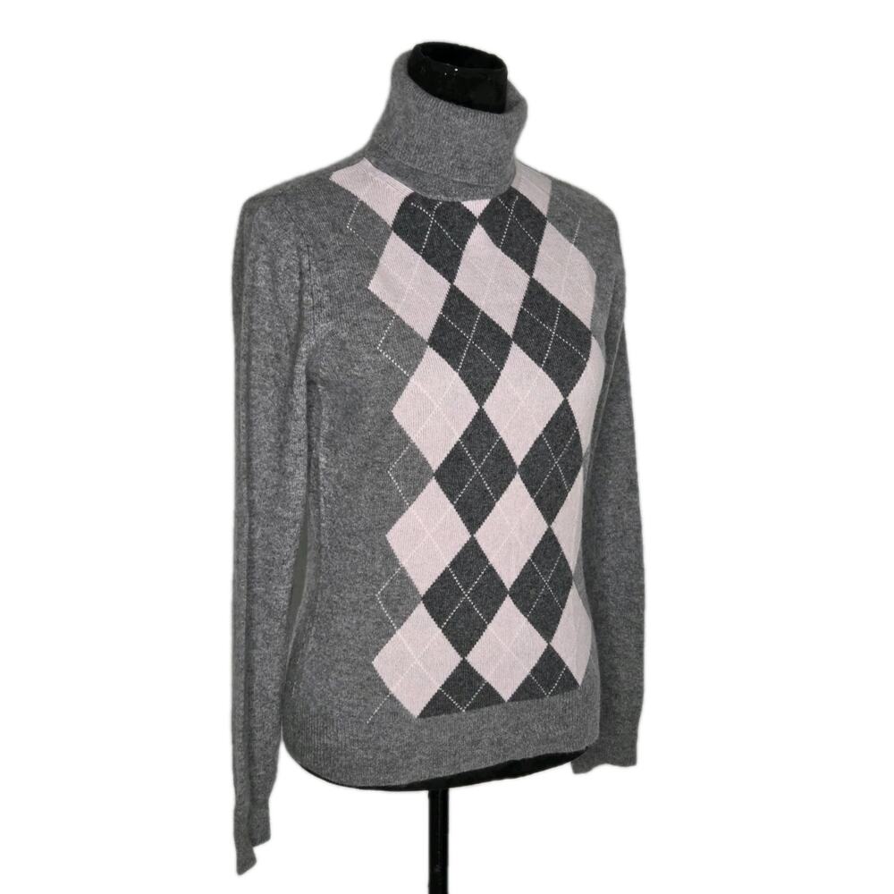 Apt 9 100% Cashmere Sweater M Gray Pink Argyle Turtleneck Quiet Luxury Preppy - Picture 2 of 8